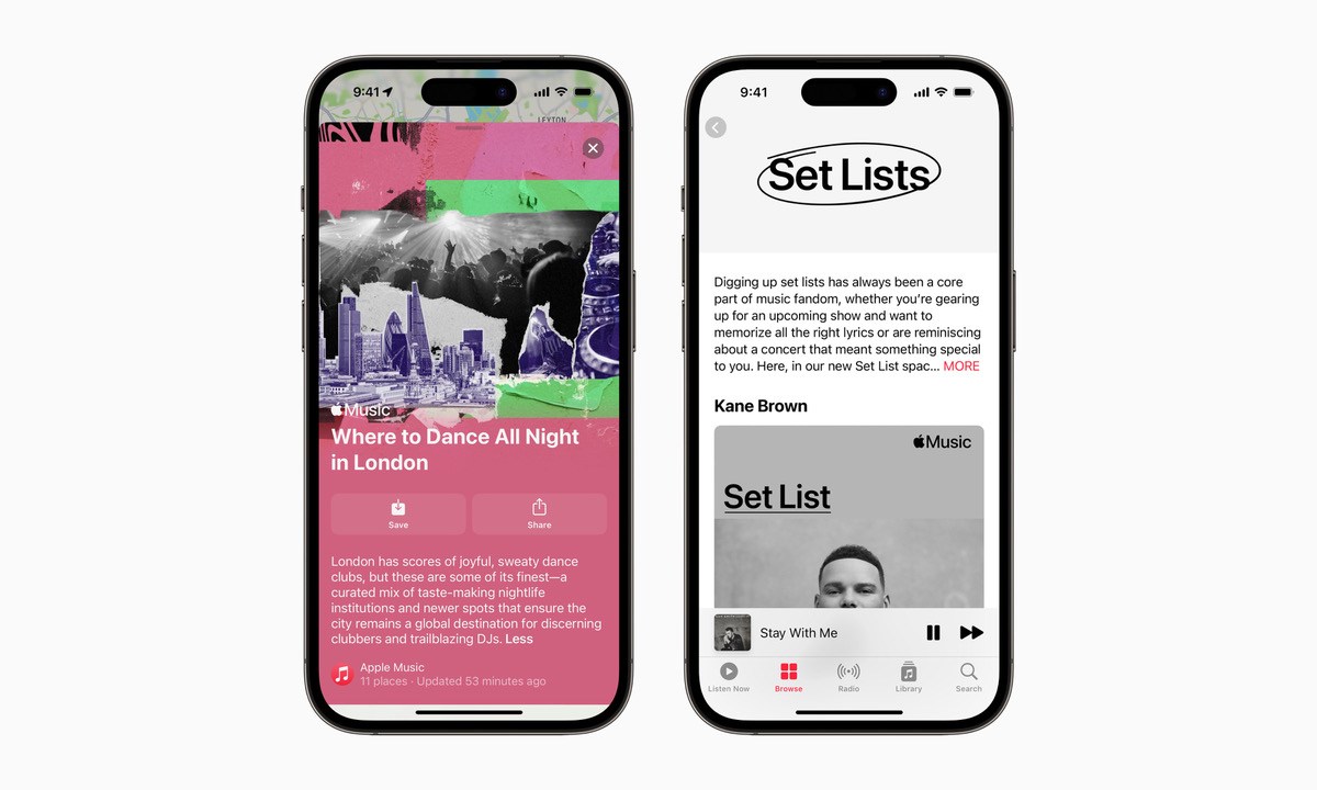 Screenshots showing Apple Music's new Guides and Setlists features